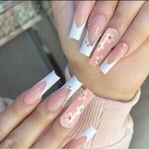 24 pcs Flower Rhinestone French White Long Press On Nails New